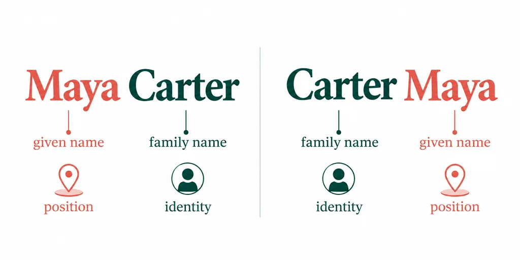 Editorial diagram showing Maya Carter and Carter Maya with family name, given name, identity, and position labels.
